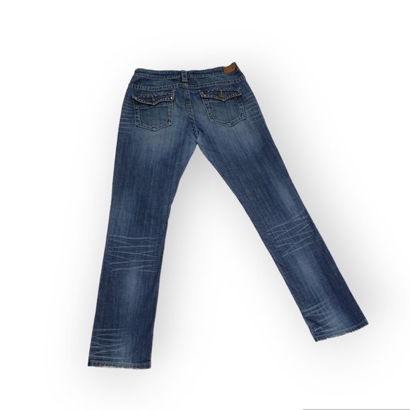 Dark Wash Distressed Holey Low Rise Straight Leg Jeans Vigoss Collection Size 9 - Picture 4 of 9